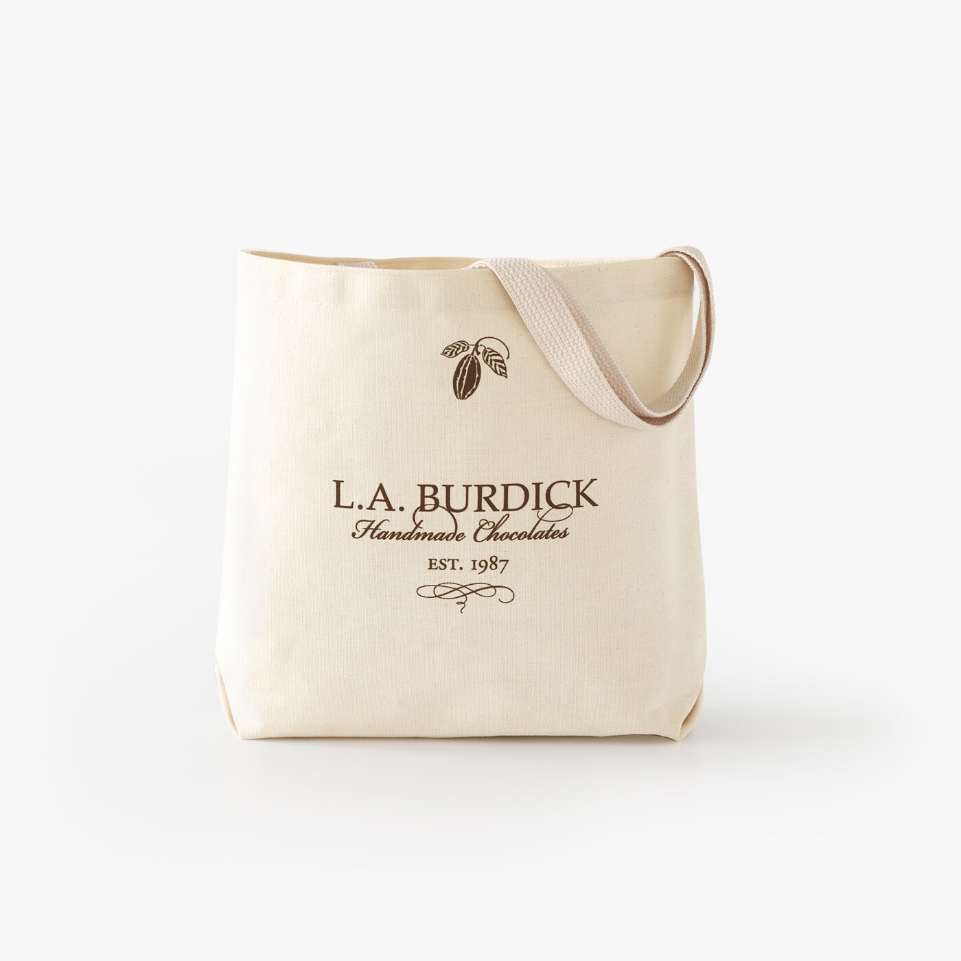 Burdick Logo Tote Bag. Lightweight yet durable cotton canvas tote bag featuring our logo and a cocoa pod.